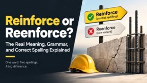 Reenforce Meaning: Is It a Real Word, and What Does Reinforce Actually Mean? Reenforce is often typed by mistake when a writer means reinforce, which is the standard spelling in American and British English. Reinforce means to make something stronger, whether that something is a wall, an argument, a habit, or a feeling. A few major dictionaries do list reenforce as a rare variant spelling, but it is not the form you should use in normal writing. This confusion matters because reinforce shows up everywhere: in construction, psychology, teaching, medicine, and everyday conversation. Understanding the correct spelling, the grammar behind it, and how the meaning shifts across contexts will help you use the word with confidence. The sections below walk through all of that in plain English, with examples you can actually picture. What Does Reinforce Mean? In simple terms, reinforce means to add strength or support to something that already exists. You are not creating something new. You are making an existing thing sturdier, more effective, or harder to break. Reinforce works in two broad ways: Physical strengthening. Adding material or structure to make an object stronger. Example: workers reinforce a bridge with steel beams. Non-physical strengthening. Making an idea, behavior, feeling, or argument stronger through repetition, evidence, or support. Example: a good example can reinforce a point you already made. Both uses share the same core idea: something was already there, and reinforcing it makes it hold up better. Reenforce vs Reinforce: What Is the Actual Difference? This is the question most people are really asking. Here is the direct answer. Reinforce is the correct and standard spelling. It is the form used in dictionaries, professional writing, academic papers, news articles, and everyday communication in both American and British English. Reenforce is a variant spelling, not a separate word with its own meaning. Some major dictionaries, including Merriam-Webster and the American Heritage Dictionary, list it as a recognized but rare alternate form of reinforce. It shows up occasionally in older texts and in certain reference works, but it is not the spelling modern style guides recommend. So if you have seen "reenforce" and wondered whether it was a typo, a regional spelling, or a completely different word, the honest answer is that it is essentially reinforce written with an extra "e." It is not wrong in the sense of being nonsense, but it is uncommon enough that most readers, editors, and spell checkers will treat it as a mistake. Spelling Status Where You Will See It Reinforce Standard, preferred spelling Dictionaries, textbooks, formal and everyday writing Reenforce Rare, dictionary-listed variant Occasional older or informal texts, rarely in modern professional writing Tip: When in doubt, choose reinforce. It is correct in every context where reenforce might appear, and it will never look like an error. Is Reenforce a Word? Technically, yes, in the sense that it appears in some large dictionaries as a variant spelling of reinforce. But in practical terms, treating it as a word you should actively use is misleading. It carries no different meaning, no different grammar, and no advantage over the standard spelling. Style guides, teachers, and professional editors consistently favor reinforce. If you are writing an email, an essay, a report, or anything meant for other readers, use reinforce. Save reenforce for the trivia fact that it technically exists as a listed variant. Reinforce or Enforce? A Different Kind of Confusion Some readers searching for "reenforce meaning" are actually thinking of a different word entirely: enforce. This mix-up is worth clearing up because the two words are not interchangeable. Enforce means to make sure a rule, law, or requirement is followed or obeyed. Example: the police enforce traffic laws. Reinforce means to strengthen something that already exists. Example: the new evidence will reinforce her argument. A simple way to remember the difference: enforce is about compelling obedience to a rule, while reinforce is about adding strength or support. Word Core Meaning Example Enforce Make sure a rule or law is followed The school will enforce the new dress code. Reinforce Make something already existing stronger The teacher will reinforce the lesson with practice questions. Reinforce: Grammar and Part of Speech Reinforce is a verb. It follows regular verb conjugation patterns, with no irregular forms to memorize. Form Example Base form reinforce Third person singular reinforces Past tense reinforced Past participle reinforced Present participle reinforcing Example sentences showing the different forms: She reinforces her point with clear examples. The engineers reinforced the foundation last year. They have been reinforcing the old fence all week. The related noun form, reinforcement, refers to the act of strengthening or to the material and support used to do so. A reinforcement can also refer to additional people or resources sent to support an existing effort, such as military reinforcements. How to Pronounce Reinforce? Reinforce is pronounced ree-in-FORCE, with the stress on the final syllable. In IPA, it is written as /ˌriːɪnˈfɔːrs/ in American English. There is no meaningful difference in pronunciation between American and British English for this word. The stress consistently falls on the last syllable, "force," which also hints at the meaning: reinforcing something is about adding force or strength. Where Does Reinforce Come From? Reinforce entered English through French. It traces back to the Old French word reinforcer, built from the prefix re- meaning "again" and enforcier meaning "to strengthen," which itself comes from the Latin fortis, meaning "strong." Put together, the word literally means "to strengthen again" or "to add strength." That original sense has carried through into modern English almost unchanged. Whether you are reinforcing a wall or reinforcing a habit, the underlying idea is still about adding strength to something that already exists. Reinforce in Different Contexts The core meaning of reinforce stays the same across situations, but the flavor of the word shifts depending on what is being strengthened. Reinforce in construction and physical structures This is the most literal use. It means adding material or support to make something physically stronger. Example: The contractor plans to reinforce the roof before winter. Reinforce in teaching and learning Here, reinforce means to repeat or practice an idea so it becomes more solidly understood. Example: The worksheet is meant to reinforce the grammar lesson from class. Reinforce each other This phrase describes two things that strengthen one another, often used for ideas, habits, or relationships. Example: A healthy diet and regular exercise reinforce each other. Reinforce information This means to support or confirm information by adding more evidence or repeating it. Example: The second study helped reinforce the earlier findings. Reinforce the dressing In a medical setting, this means adding another layer of bandage or dressing over an existing one, rather than replacing it entirely. Example: The nurse chose to reinforce the dressing instead of changing it completely. Reinforce in psychology In behavioral psychology, to reinforce a behavior means to increase the likelihood it will happen again, usually through a reward. Example: Praising the child's effort helped reinforce the positive behavior. Reinforcement: The Noun Form Reinforcement is the noun that comes from reinforce. It has a few related meanings: The act of strengthening. "The reinforcement of the bridge took three months." Material used to strengthen something. "Steel bars are used as reinforcement in concrete." Additional support, often people or resources. "The team sent reinforcements to the struggling branch office." In psychology, a reward that increases a behavior. "Positive reinforcement encourages children to repeat good habits." Reinforce in Simple Terms If a friend asked you to explain reinforce in one plain sentence, you could say: it means to make something stronger by adding support, evidence, or repetition. That single idea covers nearly every use of the word, whether the subject is a wall, an argument, a lesson, or a habit. Reinforce Meaning: A Note for English Learners For readers translating this word into another language, reinforce generally corresponds to words meaning "to strengthen" or "to make firm." In everyday Urdu usage, reinforce is typically understood as mazboot karna, meaning to make something stronger or more solid. This is a general sense translation rather than a single fixed dictionary equivalent, since the exact word chosen can shift slightly depending on context, such as strengthening a structure versus strengthening an idea. Synonyms of Reinforce Reinforce has several synonyms, but they are not always perfectly interchangeable. Choosing the right one depends on context. Word Meaning Best Used For Strengthen To make something more powerful or solid General use, both physical and abstract Support To hold up or back something Emotional, structural, or argumentative contexts Bolster To improve or add strength, often to confidence or morale Confidence, morale, arguments Fortify To strengthen against attack or damage Physical structures, defenses Buttress To support or reinforce, often literally with a structure Physical and figurative structural support Consolidate To make something more solid or unified Combining and strengthening at the same time ⚠️ Note: Fortify and buttress lean toward defense and physical structure, while bolster leans toward emotional or abstract support. Reinforce sits comfortably in the middle and works in almost any context. Antonyms of Reinforce Weaken Undermine Diminish Erode These words describe the opposite process: reducing strength instead of adding it. Common Mistakes With Reinforce ❌ Incorrect: The workers will reenforce the wall next week. ✅ Correct: The workers will reinforce the wall next week. ❌ Incorrect: Please reenforce good behavior at home. ✅ Correct: Please reinforce good behavior at home. ❌ Incorrect: The police will reinforce the new parking rule. (mixing up reinforce and enforce) ✅ Correct: The police will enforce the new parking rule. ❌ Incorrect: This evidence will enforce her argument. (mixing up enforce and reinforce) ✅ Correct: This evidence will reinforce her argument. The most common mistake is simply adding the extra "e" out of habit or confusion with words like "reenter" or "reenact." The second common mistake is swapping reinforce and enforce, which have related but distinct meanings. Reinforce vs Reenforce vs Enforce: Quick Comparison Word Meaning Example Reinforce Add strength or support to something existing Reinforce the argument with facts. Reenforce Rare variant spelling of reinforce Best avoided in favor of reinforce. Enforce Ensure a rule or law is followed Enforce the safety regulations. Frequently Asked Questions What does reenforce mean? Reenforce is a rare variant spelling of reinforce. It carries the same meaning as reinforce, which is to strengthen or add support to something. Most style guides and dictionaries recommend using reinforce instead. Is reenforce a real word? It appears in some dictionaries as a listed variant spelling of reinforce, so it is not pure nonsense. However, it is not the preferred or standard form, and using reinforce is almost always the better choice. Is it reinforce or reenforce? Use reinforce. It is the standard spelling in both American and British English and is the form recognized across dictionaries, style guides, and professional writing. What is the difference between reinforce and enforce? Reinforce means to strengthen something that already exists, such as an argument or a structure. Enforce means to make sure a rule or law is obeyed. They are related in sound but different in meaning. How do you use reinforce in a sentence? You can use it for physical strengthening, such as "They reinforced the bridge," or for abstract strengthening, such as "The results reinforce our earlier conclusion." Is reinforce a noun or a verb? Reinforce is a verb. The related noun form is reinforcement, which refers to the act, material, or support used to strengthen something. How do you pronounce reinforce? It is pronounced ree-in-FORCE, with stress on the final syllable, written as /ˌriːɪnˈfɔːrs/ in IPA. What are good synonyms for reinforce? Common synonyms include strengthen, support, bolster, fortify, buttress, and consolidate. Each carries a slightly different shade of meaning depending on context. What does "reinforce each other" mean? It describes two things that strengthen one another at the same time, such as habits, ideas, or relationships that build on each other. Where does the word reinforce come from? It comes from the Old French reinforcer, built from re- meaning "again" and a root related to the Latin fortis, meaning "strong." The word literally suggests adding strength again. Final Thoughts on Reinforce Meaning Reinforce is the word you want in almost every situation where you are describing added strength or support, whether that is a physical structure, an argument, a habit, or a piece of information. Reenforce technically exists as a dictionary-listed variant, but it is rare enough that most readers will see it as a mistake rather than a stylistic choice. If you remember one thing from this article, remember this: choose reinforce, keep enforce for rules and laws, and use reinforcement when you need the noun form. That small bit of clarity will keep your writing accurate and easy to trust. SEO Elements SEO Title: Reinforce or Reenforce? The Real Meaning, Grammar, and Correct Spelling Explained Meta Description: Learn the true meaning of reinforce, why reenforce is a rare variant spelling, and how reinforce differs from enforce, with clear examples and grammar tips. Image Alt Suggestion: Diagram comparing the meaning of reinforce and reenforce with example sentences Suggested Related Topics: Reinforcement in psychology and positive behavior Reinforce vs strengthen: choosing the right word Common English spelling mistakes with the "re" prefix Enforce vs reinforce in legal and everyday writing