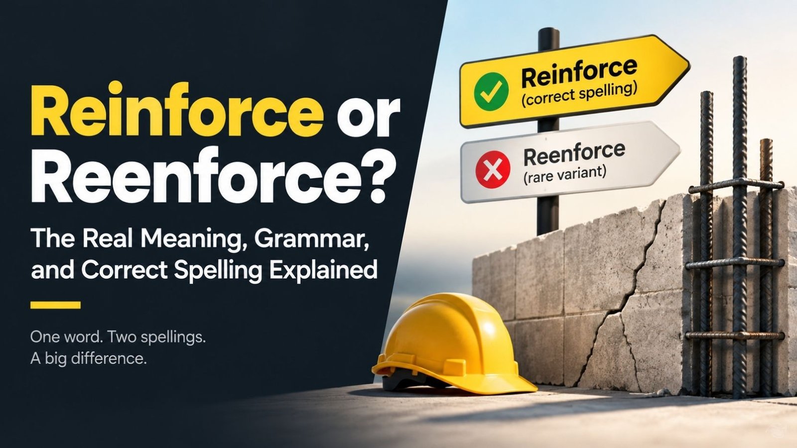 Reenforce Meaning: Is It a Real Word, and What Does Reinforce Actually Mean? Reenforce is often typed by mistake when a writer means reinforce, which is the standard spelling in American and British English. Reinforce means to make something stronger, whether that something is a wall, an argument, a habit, or a feeling. A few major dictionaries do list reenforce as a rare variant spelling, but it is not the form you should use in normal writing. This confusion matters because reinforce shows up everywhere: in construction, psychology, teaching, medicine, and everyday conversation. Understanding the correct spelling, the grammar behind it, and how the meaning shifts across contexts will help you use the word with confidence. The sections below walk through all of that in plain English, with examples you can actually picture. What Does Reinforce Mean? In simple terms, reinforce means to add strength or support to something that already exists. You are not creating something new. You are making an existing thing sturdier, more effective, or harder to break. Reinforce works in two broad ways: Physical strengthening. Adding material or structure to make an object stronger. Example: workers reinforce a bridge with steel beams. Non-physical strengthening. Making an idea, behavior, feeling, or argument stronger through repetition, evidence, or support. Example: a good example can reinforce a point you already made. Both uses share the same core idea: something was already there, and reinforcing it makes it hold up better. Reenforce vs Reinforce: What Is the Actual Difference? This is the question most people are really asking. Here is the direct answer. Reinforce is the correct and standard spelling. It is the form used in dictionaries, professional writing, academic papers, news articles, and everyday communication in both American and British English. Reenforce is a variant spelling, not a separate word with its own meaning. Some major dictionaries, including Merriam-Webster and the American Heritage Dictionary, list it as a recognized but rare alternate form of reinforce. It shows up occasionally in older texts and in certain reference works, but it is not the spelling modern style guides recommend. So if you have seen "reenforce" and wondered whether it was a typo, a regional spelling, or a completely different word, the honest answer is that it is essentially reinforce written with an extra "e." It is not wrong in the sense of being nonsense, but it is uncommon enough that most readers, editors, and spell checkers will treat it as a mistake. Spelling Status Where You Will See It Reinforce Standard, preferred spelling Dictionaries, textbooks, formal and everyday writing Reenforce Rare, dictionary-listed variant Occasional older or informal texts, rarely in modern professional writing Tip: When in doubt, choose reinforce. It is correct in every context where reenforce might appear, and it will never look like an error. Is Reenforce a Word? Technically, yes, in the sense that it appears in some large dictionaries as a variant spelling of reinforce. But in practical terms, treating it as a word you should actively use is misleading. It carries no different meaning, no different grammar, and no advantage over the standard spelling. Style guides, teachers, and professional editors consistently favor reinforce. If you are writing an email, an essay, a report, or anything meant for other readers, use reinforce. Save reenforce for the trivia fact that it technically exists as a listed variant. Reinforce or Enforce? A Different Kind of Confusion Some readers searching for "reenforce meaning" are actually thinking of a different word entirely: enforce. This mix-up is worth clearing up because the two words are not interchangeable. Enforce means to make sure a rule, law, or requirement is followed or obeyed. Example: the police enforce traffic laws. Reinforce means to strengthen something that already exists. Example: the new evidence will reinforce her argument. A simple way to remember the difference: enforce is about compelling obedience to a rule, while reinforce is about adding strength or support. Word Core Meaning Example Enforce Make sure a rule or law is followed The school will enforce the new dress code. Reinforce Make something already existing stronger The teacher will reinforce the lesson with practice questions. Reinforce: Grammar and Part of Speech Reinforce is a verb. It follows regular verb conjugation patterns, with no irregular forms to memorize. Form Example Base form reinforce Third person singular reinforces Past tense reinforced Past participle reinforced Present participle reinforcing Example sentences showing the different forms: She reinforces her point with clear examples. The engineers reinforced the foundation last year. They have been reinforcing the old fence all week. The related noun form, reinforcement, refers to the act of strengthening or to the material and support used to do so. A reinforcement can also refer to additional people or resources sent to support an existing effort, such as military reinforcements. How to Pronounce Reinforce? Reinforce is pronounced ree-in-FORCE, with the stress on the final syllable. In IPA, it is written as /ˌriːɪnˈfɔːrs/ in American English. There is no meaningful difference in pronunciation between American and British English for this word. The stress consistently falls on the last syllable, "force," which also hints at the meaning: reinforcing something is about adding force or strength. Where Does Reinforce Come From? Reinforce entered English through French. It traces back to the Old French word reinforcer, built from the prefix re- meaning "again" and enforcier meaning "to strengthen," which itself comes from the Latin fortis, meaning "strong." Put together, the word literally means "to strengthen again" or "to add strength." That original sense has carried through into modern English almost unchanged. Whether you are reinforcing a wall or reinforcing a habit, the underlying idea is still about adding strength to something that already exists. Reinforce in Different Contexts The core meaning of reinforce stays the same across situations, but the flavor of the word shifts depending on what is being strengthened. Reinforce in construction and physical structures This is the most literal use. It means adding material or support to make something physically stronger. Example: The contractor plans to reinforce the roof before winter. Reinforce in teaching and learning Here, reinforce means to repeat or practice an idea so it becomes more solidly understood. Example: The worksheet is meant to reinforce the grammar lesson from class. Reinforce each other This phrase describes two things that strengthen one another, often used for ideas, habits, or relationships. Example: A healthy diet and regular exercise reinforce each other. Reinforce information This means to support or confirm information by adding more evidence or repeating it. Example: The second study helped reinforce the earlier findings. Reinforce the dressing In a medical setting, this means adding another layer of bandage or dressing over an existing one, rather than replacing it entirely. Example: The nurse chose to reinforce the dressing instead of changing it completely. Reinforce in psychology In behavioral psychology, to reinforce a behavior means to increase the likelihood it will happen again, usually through a reward. Example: Praising the child's effort helped reinforce the positive behavior. Reinforcement: The Noun Form Reinforcement is the noun that comes from reinforce. It has a few related meanings: The act of strengthening. "The reinforcement of the bridge took three months." Material used to strengthen something. "Steel bars are used as reinforcement in concrete." Additional support, often people or resources. "The team sent reinforcements to the struggling branch office." In psychology, a reward that increases a behavior. "Positive reinforcement encourages children to repeat good habits." Reinforce in Simple Terms If a friend asked you to explain reinforce in one plain sentence, you could say: it means to make something stronger by adding support, evidence, or repetition. That single idea covers nearly every use of the word, whether the subject is a wall, an argument, a lesson, or a habit. Reinforce Meaning: A Note for English Learners For readers translating this word into another language, reinforce generally corresponds to words meaning "to strengthen" or "to make firm." In everyday Urdu usage, reinforce is typically understood as mazboot karna, meaning to make something stronger or more solid. This is a general sense translation rather than a single fixed dictionary equivalent, since the exact word chosen can shift slightly depending on context, such as strengthening a structure versus strengthening an idea. Synonyms of Reinforce Reinforce has several synonyms, but they are not always perfectly interchangeable. Choosing the right one depends on context. Word Meaning Best Used For Strengthen To make something more powerful or solid General use, both physical and abstract Support To hold up or back something Emotional, structural, or argumentative contexts Bolster To improve or add strength, often to confidence or morale Confidence, morale, arguments Fortify To strengthen against attack or damage Physical structures, defenses Buttress To support or reinforce, often literally with a structure Physical and figurative structural support Consolidate To make something more solid or unified Combining and strengthening at the same time ⚠️ Note: Fortify and buttress lean toward defense and physical structure, while bolster leans toward emotional or abstract support. Reinforce sits comfortably in the middle and works in almost any context. Antonyms of Reinforce Weaken Undermine Diminish Erode These words describe the opposite process: reducing strength instead of adding it. Common Mistakes With Reinforce ❌ Incorrect: The workers will reenforce the wall next week. ✅ Correct: The workers will reinforce the wall next week. ❌ Incorrect: Please reenforce good behavior at home. ✅ Correct: Please reinforce good behavior at home. ❌ Incorrect: The police will reinforce the new parking rule. (mixing up reinforce and enforce) ✅ Correct: The police will enforce the new parking rule. ❌ Incorrect: This evidence will enforce her argument. (mixing up enforce and reinforce) ✅ Correct: This evidence will reinforce her argument. The most common mistake is simply adding the extra "e" out of habit or confusion with words like "reenter" or "reenact." The second common mistake is swapping reinforce and enforce, which have related but distinct meanings. Reinforce vs Reenforce vs Enforce: Quick Comparison Word Meaning Example Reinforce Add strength or support to something existing Reinforce the argument with facts. Reenforce Rare variant spelling of reinforce Best avoided in favor of reinforce. Enforce Ensure a rule or law is followed Enforce the safety regulations. Frequently Asked Questions What does reenforce mean? Reenforce is a rare variant spelling of reinforce. It carries the same meaning as reinforce, which is to strengthen or add support to something. Most style guides and dictionaries recommend using reinforce instead. Is reenforce a real word? It appears in some dictionaries as a listed variant spelling of reinforce, so it is not pure nonsense. However, it is not the preferred or standard form, and using reinforce is almost always the better choice. Is it reinforce or reenforce? Use reinforce. It is the standard spelling in both American and British English and is the form recognized across dictionaries, style guides, and professional writing. What is the difference between reinforce and enforce? Reinforce means to strengthen something that already exists, such as an argument or a structure. Enforce means to make sure a rule or law is obeyed. They are related in sound but different in meaning. How do you use reinforce in a sentence? You can use it for physical strengthening, such as "They reinforced the bridge," or for abstract strengthening, such as "The results reinforce our earlier conclusion." Is reinforce a noun or a verb? Reinforce is a verb. The related noun form is reinforcement, which refers to the act, material, or support used to strengthen something. How do you pronounce reinforce? It is pronounced ree-in-FORCE, with stress on the final syllable, written as /ˌriːɪnˈfɔːrs/ in IPA. What are good synonyms for reinforce? Common synonyms include strengthen, support, bolster, fortify, buttress, and consolidate. Each carries a slightly different shade of meaning depending on context. What does "reinforce each other" mean? It describes two things that strengthen one another at the same time, such as habits, ideas, or relationships that build on each other. Where does the word reinforce come from? It comes from the Old French reinforcer, built from re- meaning "again" and a root related to the Latin fortis, meaning "strong." The word literally suggests adding strength again. Final Thoughts on Reinforce Meaning Reinforce is the word you want in almost every situation where you are describing added strength or support, whether that is a physical structure, an argument, a habit, or a piece of information. Reenforce technically exists as a dictionary-listed variant, but it is rare enough that most readers will see it as a mistake rather than a stylistic choice. If you remember one thing from this article, remember this: choose reinforce, keep enforce for rules and laws, and use reinforcement when you need the noun form. That small bit of clarity will keep your writing accurate and easy to trust. SEO Elements SEO Title: Reinforce or Reenforce? The Real Meaning, Grammar, and Correct Spelling Explained Meta Description: Learn the true meaning of reinforce, why reenforce is a rare variant spelling, and how reinforce differs from enforce, with clear examples and grammar tips. Image Alt Suggestion: Diagram comparing the meaning of reinforce and reenforce with example sentences Suggested Related Topics: Reinforcement in psychology and positive behavior Reinforce vs strengthen: choosing the right word Common English spelling mistakes with the "re" prefix Enforce vs reinforce in legal and everyday writing